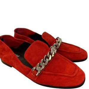 Jeffrey Campbell Red Suede Loafers with Silver Chain Detail